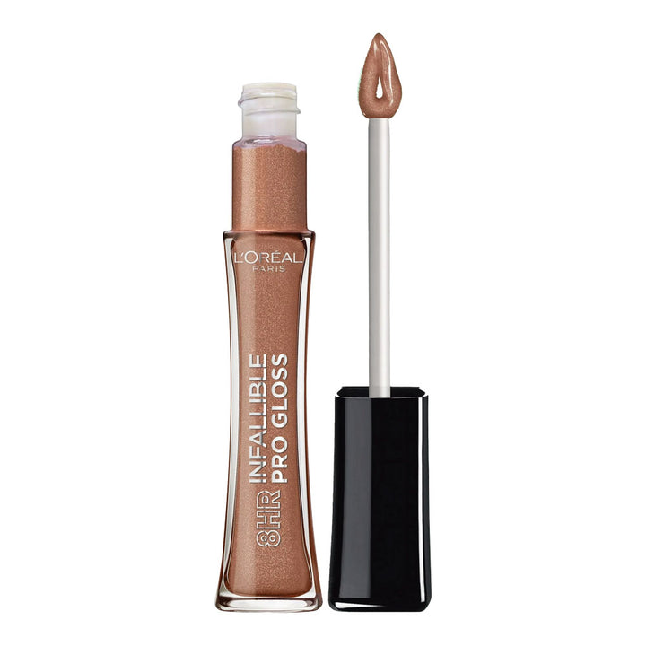 L'Oréal Infallible Pro Gloss 825 DOLCE DE LECHE lip gloss with wand removed, standing upright beside tube to show product format and applicator design