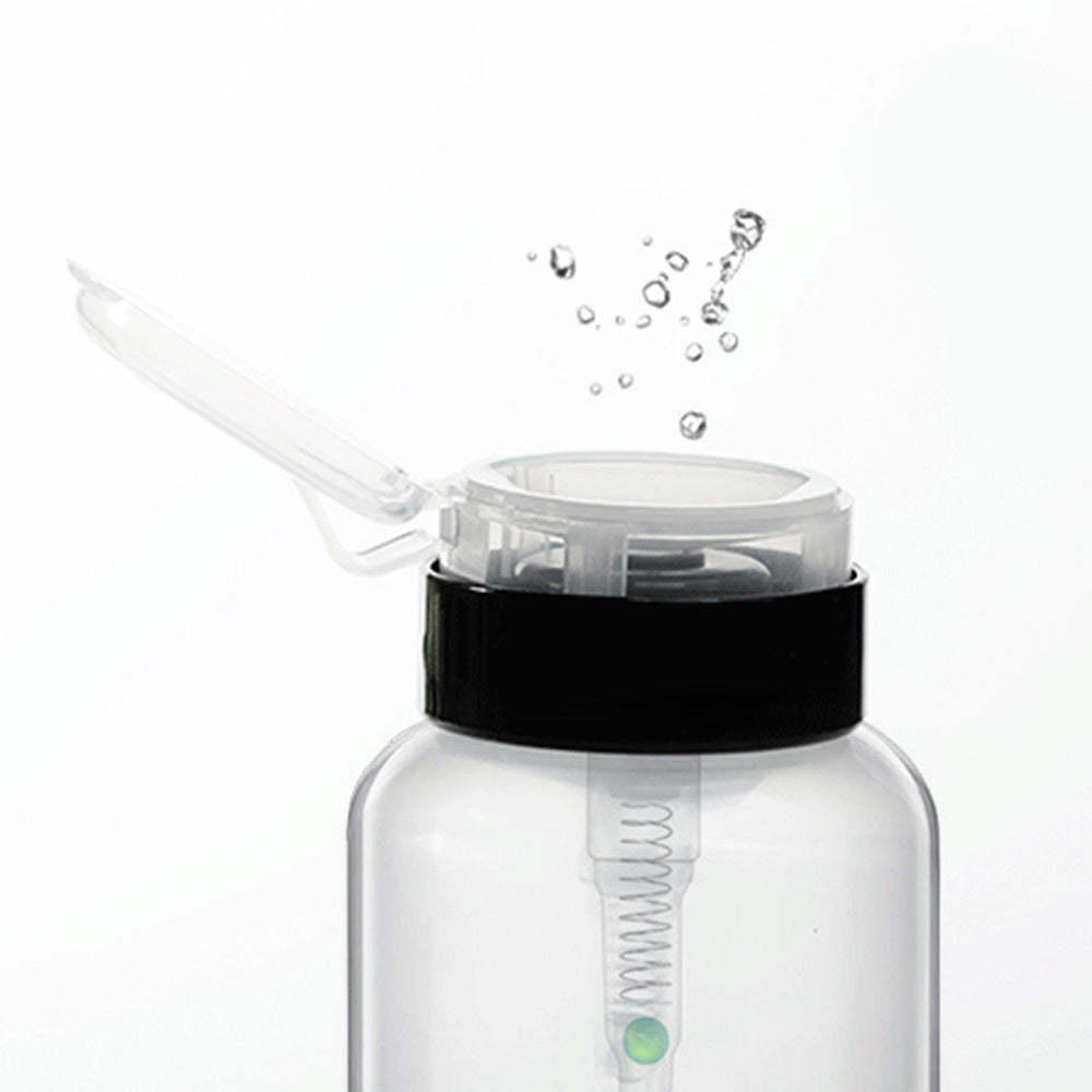 Clear Lockable Pump Dispenser 200ml by Blush with flip lid open, showing controlled liquid flow for mess-free, hygienic dispensing