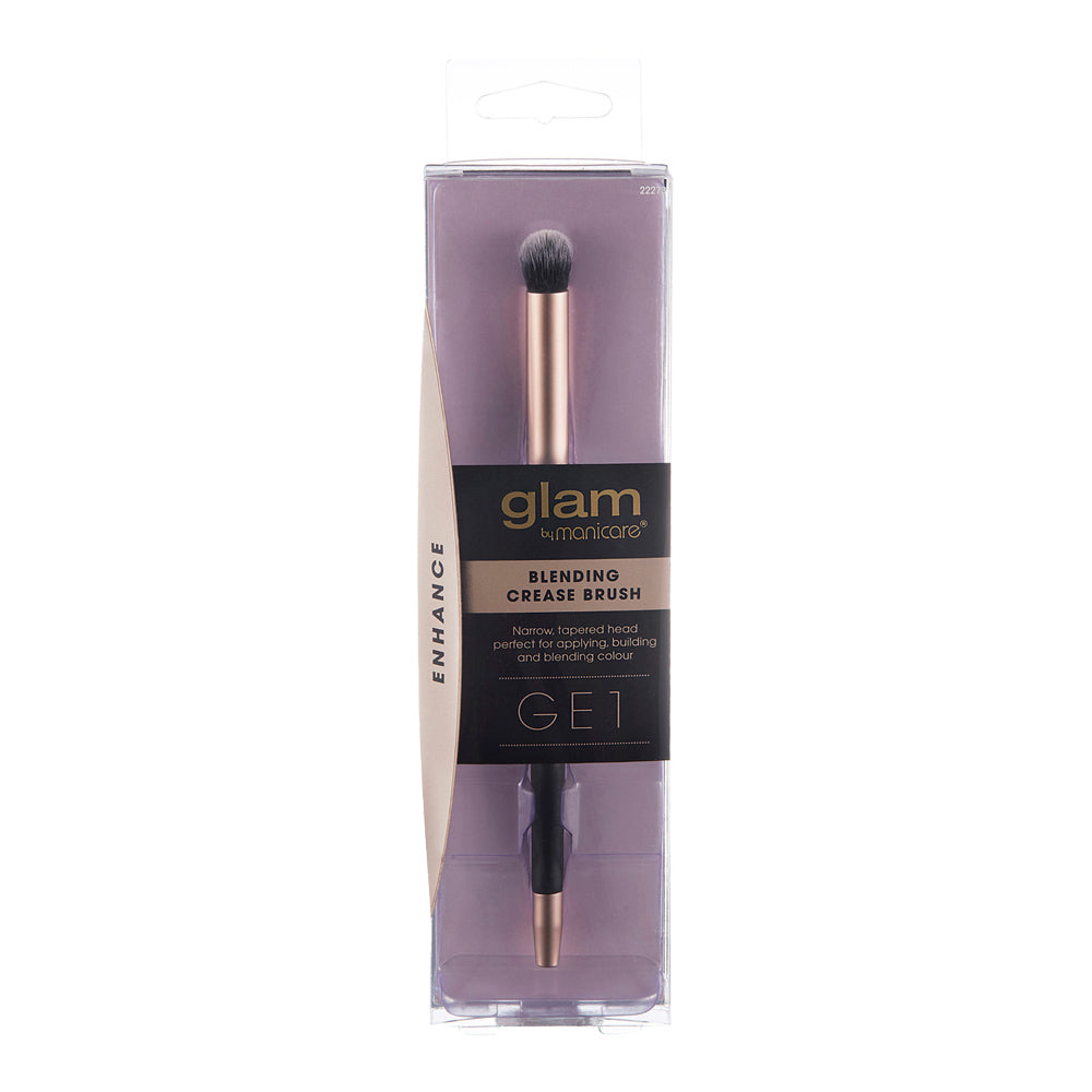 Glam by Manicare GE1 Blending Crease Brush in retail packaging with tapered head and dual fibres for precise, seamless eyeshadow blending