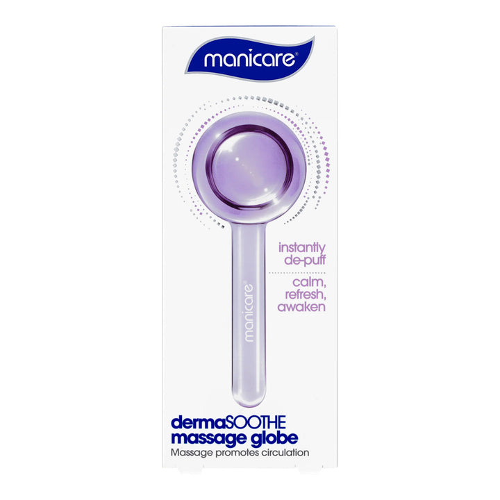 Manicare DermaSOOTHE Massage Globe in retail packaging, designed to calm redness, reduce puffiness, and enhance skincare absorption