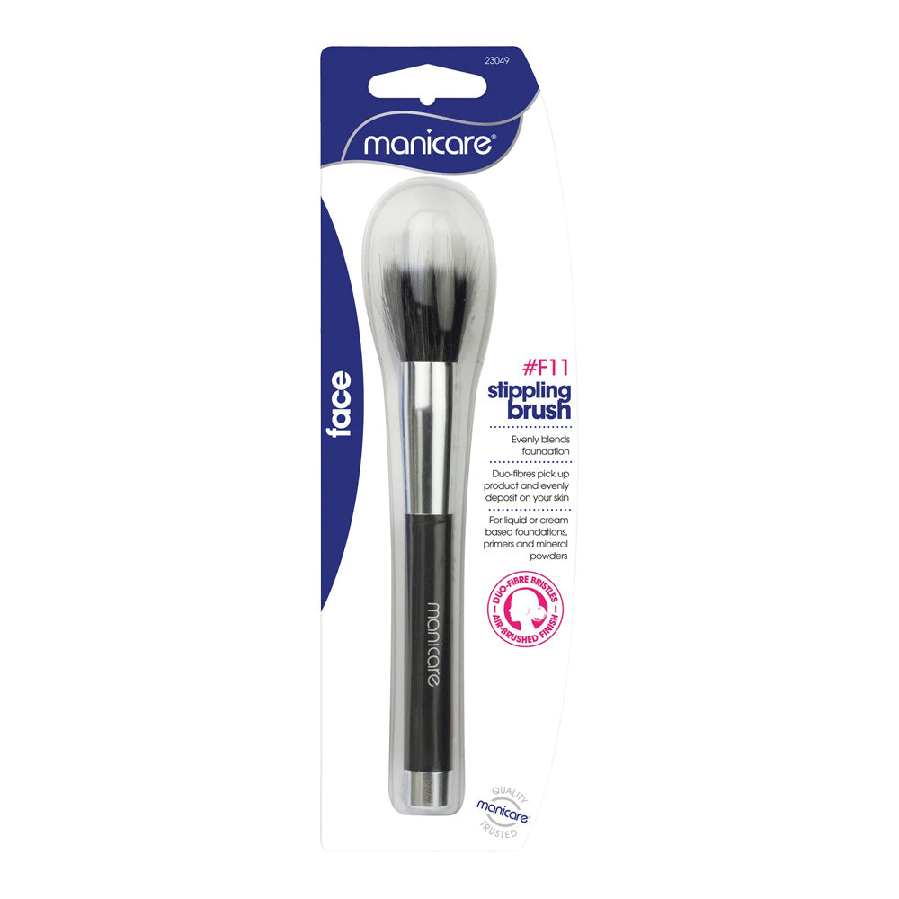 Manicare F11 Stippling Brush in retail packaging with dual-fibre bristles for sheer, airbrushed makeup application and flawless blending