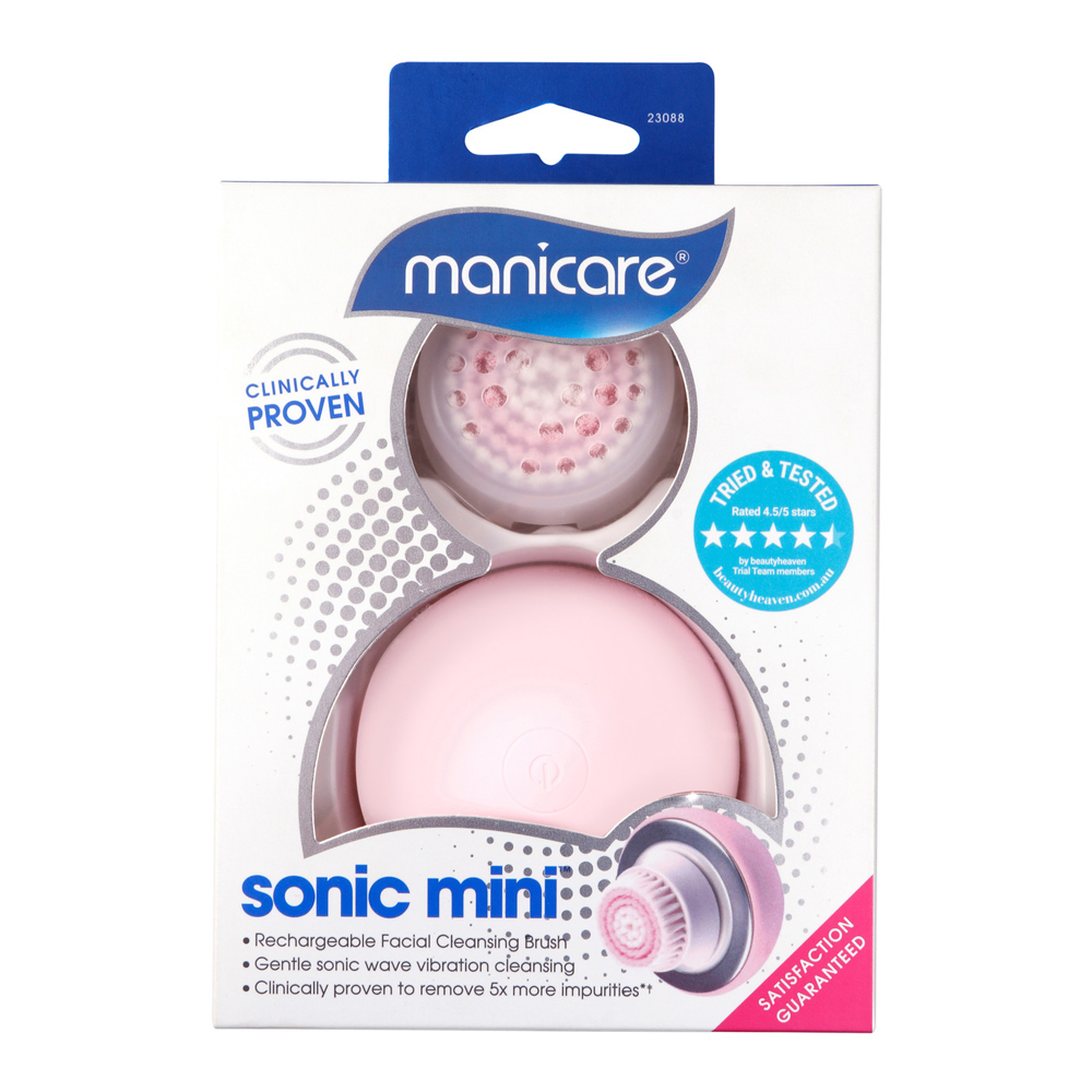 Manicare Sonic Mini rechargeable facial cleansing brush with waterproof design for deep pore cleansing and clear skin