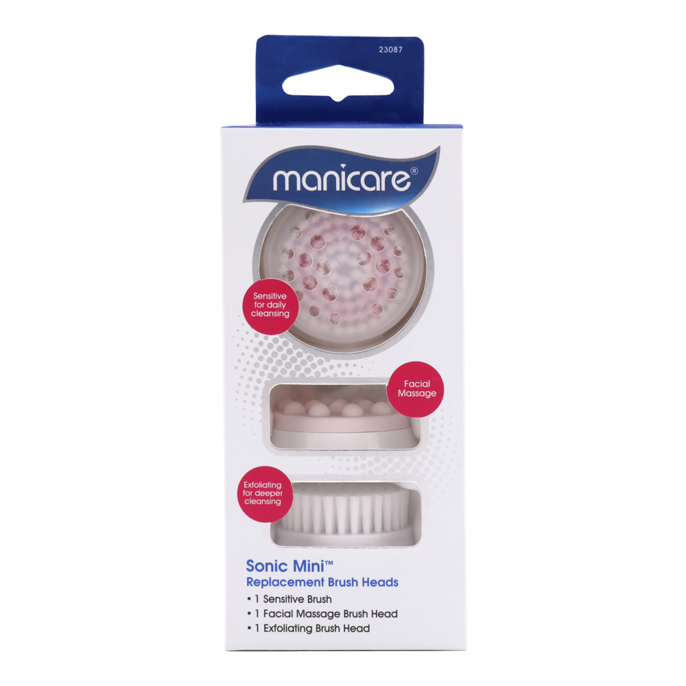 Manicare Sonic Mini replacement brush heads 3pk including cleansing, exfoliating, and massage heads for smooth, radiant skin
