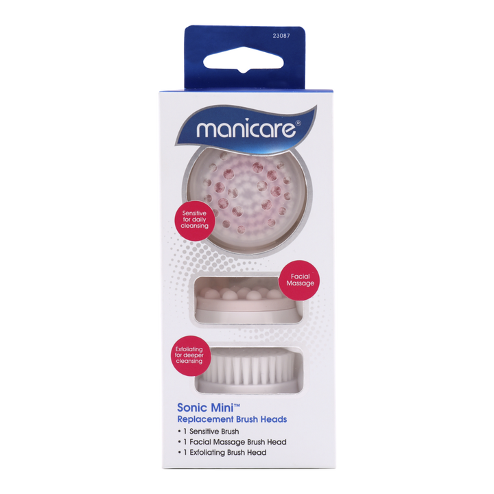 Manicare Sonic Mini replacement brush heads 3pk including cleansing, exfoliating, and massage heads for smooth, radiant skin