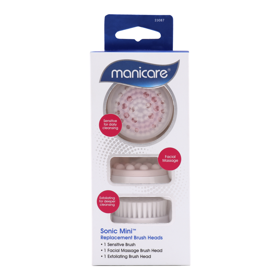 Manicare Sonic Mini replacement brush heads 3pk including cleansing, exfoliating, and massage heads for smooth, radiant skin