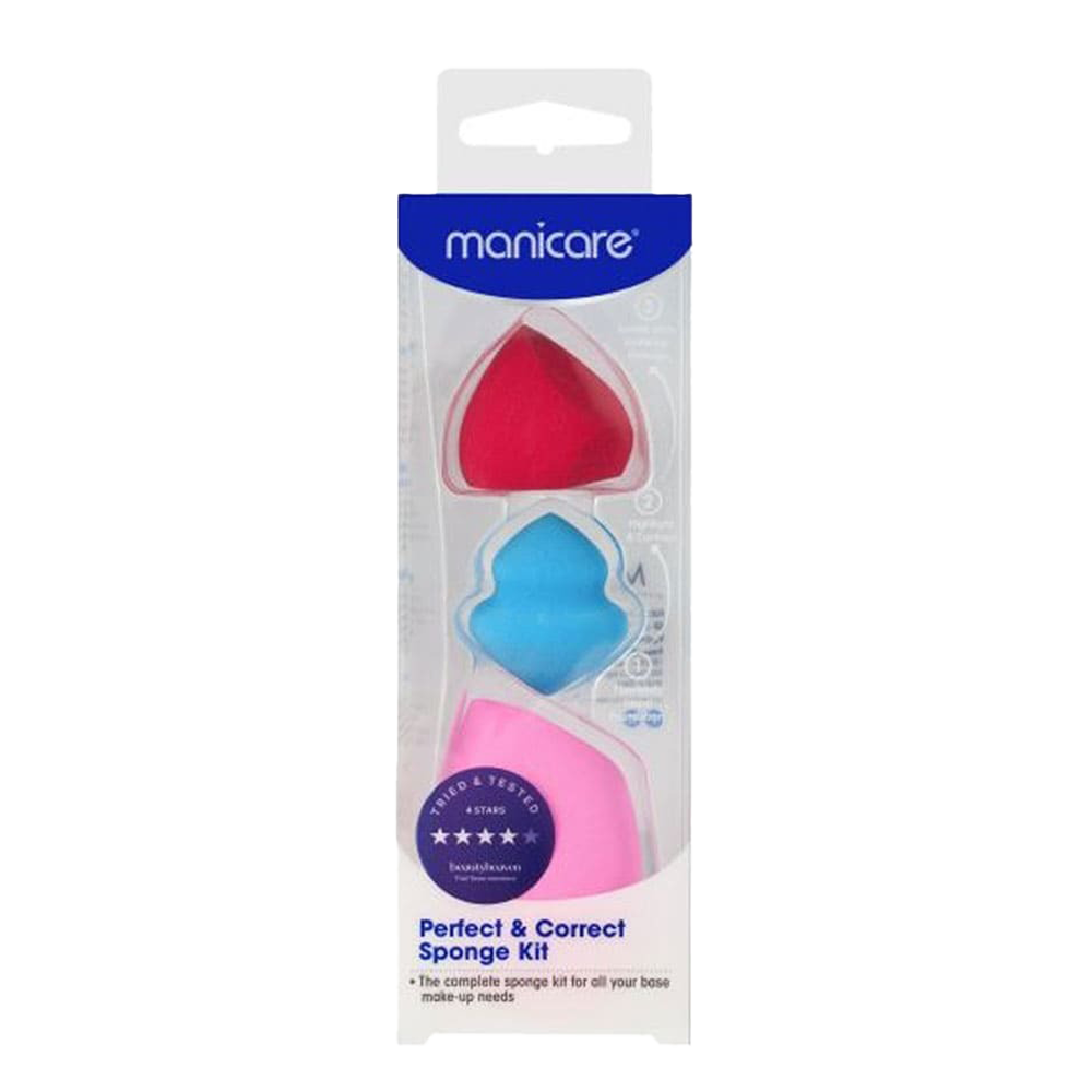 Manicare Perfect & Correct 3pc makeup sponge kit with blending sponge, contour sponge, and eraser sponge for clean, flawless makeup
