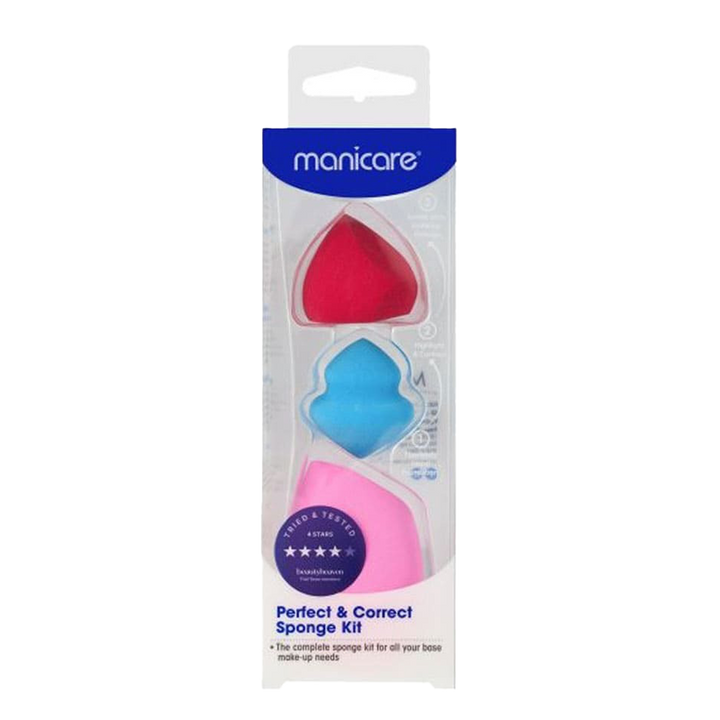 Manicare Perfect & Correct 3pc makeup sponge kit with blending sponge, contour sponge, and eraser sponge for clean, flawless makeup