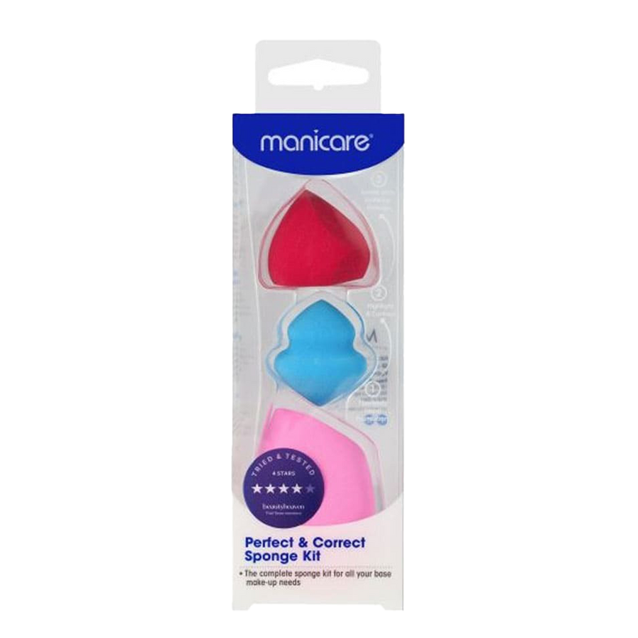 Manicare Perfect & Correct 3pc makeup sponge kit with blending sponge, contour sponge, and eraser sponge for clean, flawless makeup
