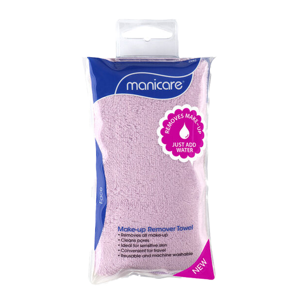 Packaged Manicare Make-up Remover Towel, reusable and water-activated, removes makeup and cleanses pores—ideal for sensitive skin and travel