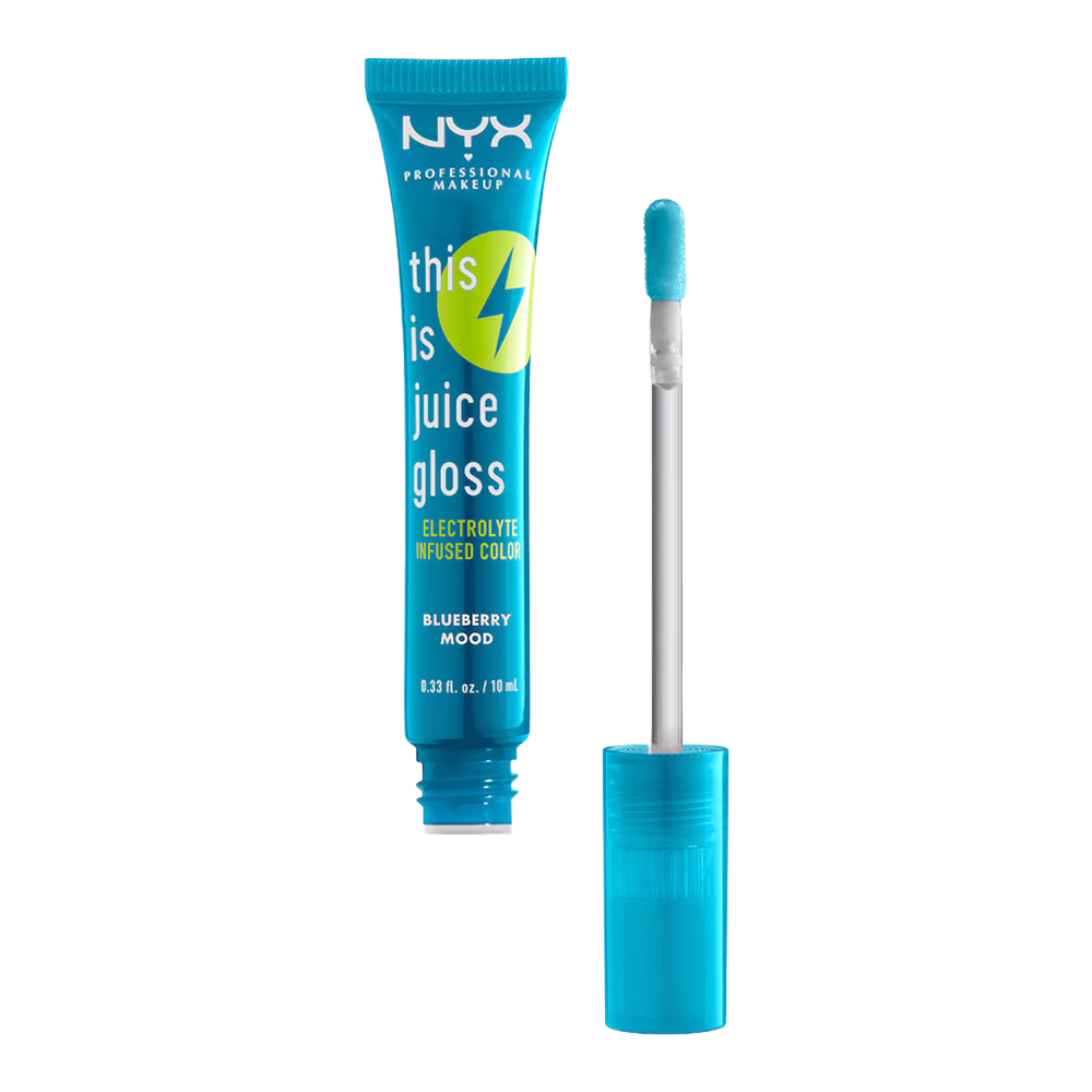 NYX This is Juice Gloss BLUEBERRY MOOD TIJG07 open with applicator, showcasing glossy vegan shine and hydrating electrolyte-infused formula