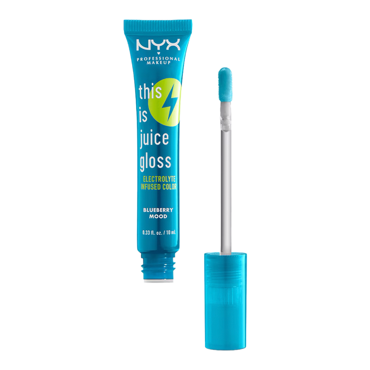 NYX This is Juice Gloss BLUEBERRY MOOD TIJG07 open with applicator, showcasing glossy vegan shine and hydrating electrolyte-infused formula