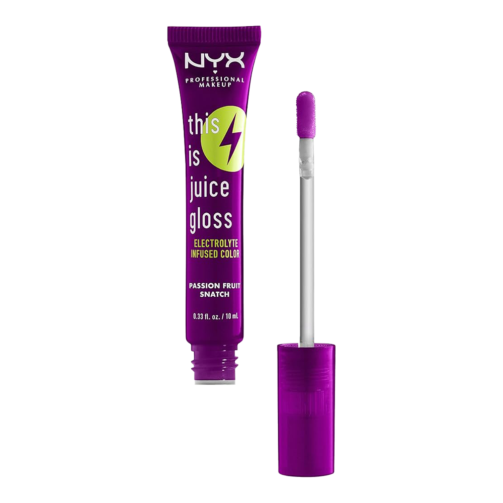 NYX This is Juice Gloss PASSION FRUIT TIJG06 open with applicator, showcasing glossy vegan shine and hydrating electrolyte-infused formula