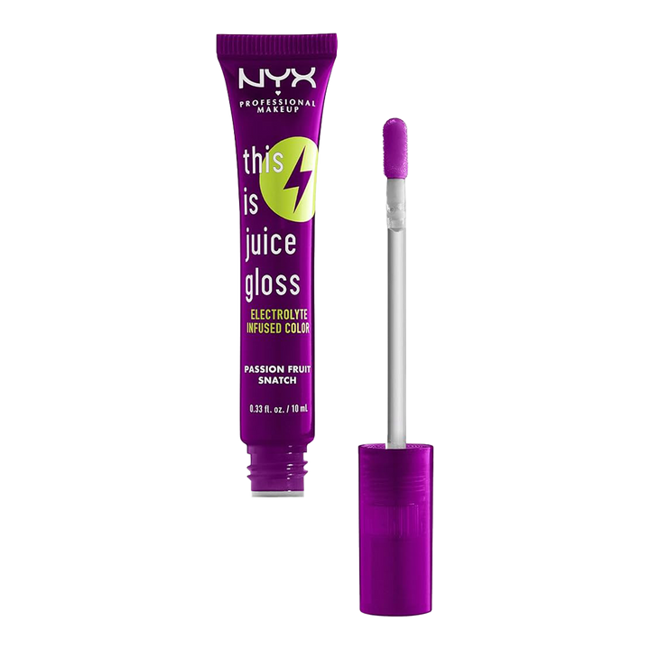 NYX This is Juice Gloss PASSION FRUIT TIJG06 open with applicator, showcasing glossy vegan shine and hydrating electrolyte-infused formula