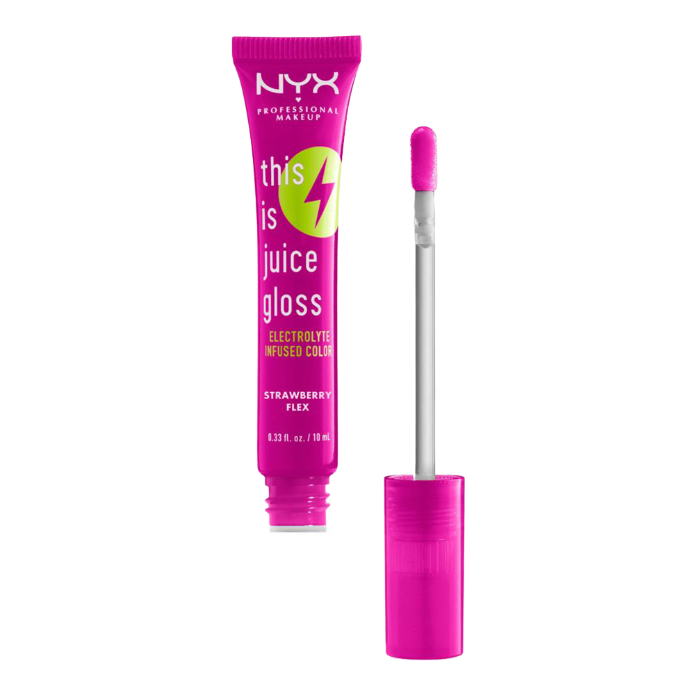 NYX This is Juice Gloss STRAWBERRY FLEX TIJG03 open with applicator, showcasing glossy vegan shine and hydrating electrolyte-infused formula