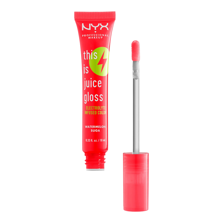 NYX This is Juice Gloss WATERMELON SUGA TIJG02 open with applicator, showcasing glossy vegan shine and hydrating electrolyte-infused formula