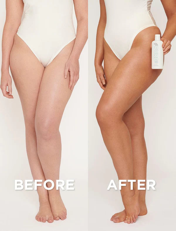 before and after using bondi sands pure self tan foaming water light/medium showing a natural golden glow on sensitive skin
