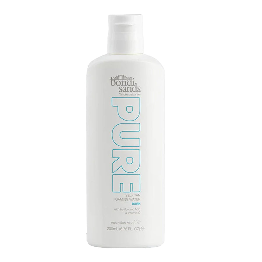 Bondi Sands Pure Self Tan Foaming Water Dark bottle showing colourless formula and golden glow hydration benefits