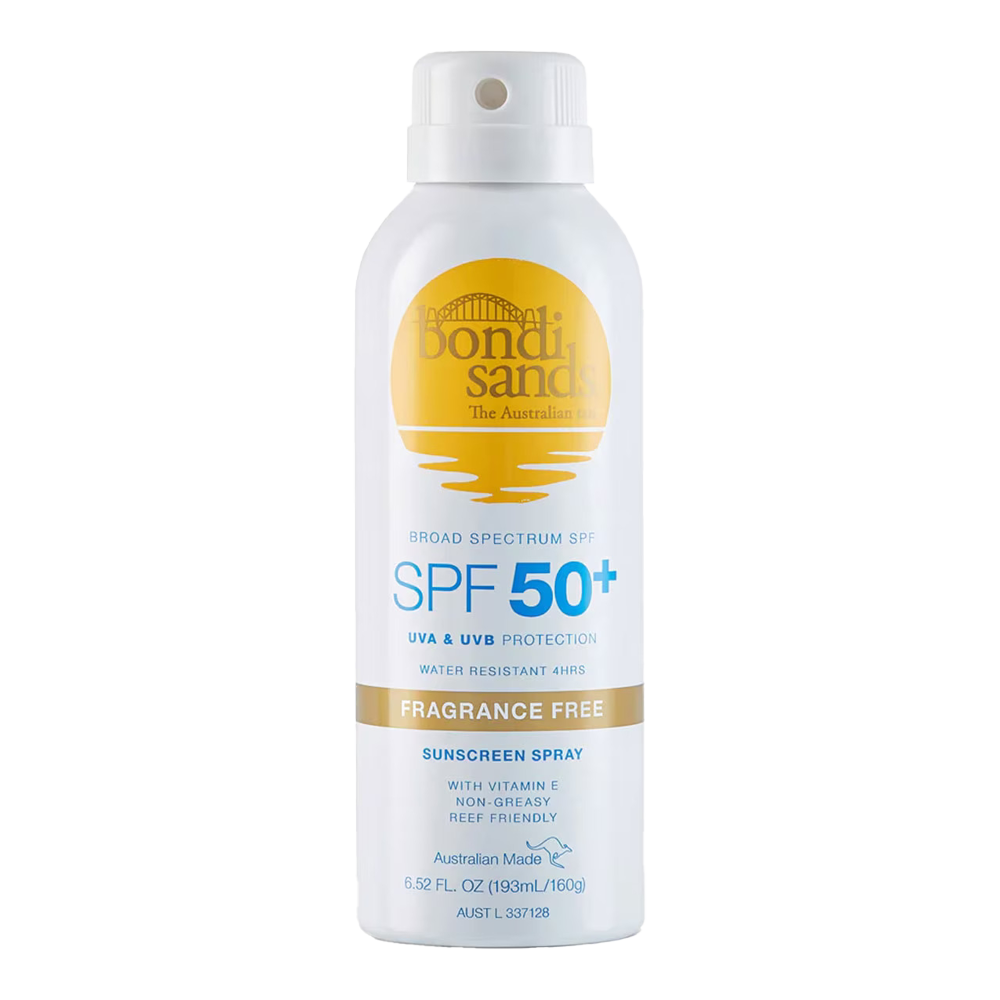 Bondi Sands SPF 50+ Fragrance Free Sunscreen Mist Spray with quick-dry, non-greasy formula for sensitive skin protection
