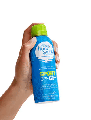 Bondi Sands Sport SPF 50+ Sunscreen Mist Spray GIF showing product sprayed in a fine, fast-drying mist during active usespray action
