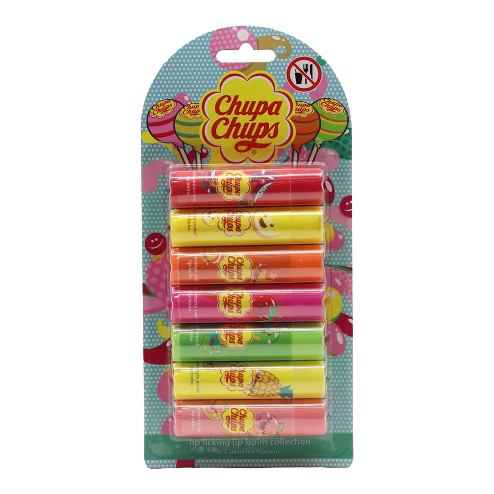 Chupa Chups 7pk Lip Licking Lip Balm Collection featuring fruity, hydrating balms inspired by iconic lollipop flavours