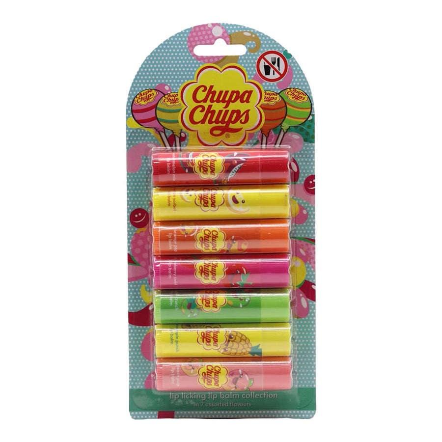 Chupa Chups 7pk Lip Licking Lip Balm Collection featuring fruity, hydrating balms inspired by iconic lollipop flavours