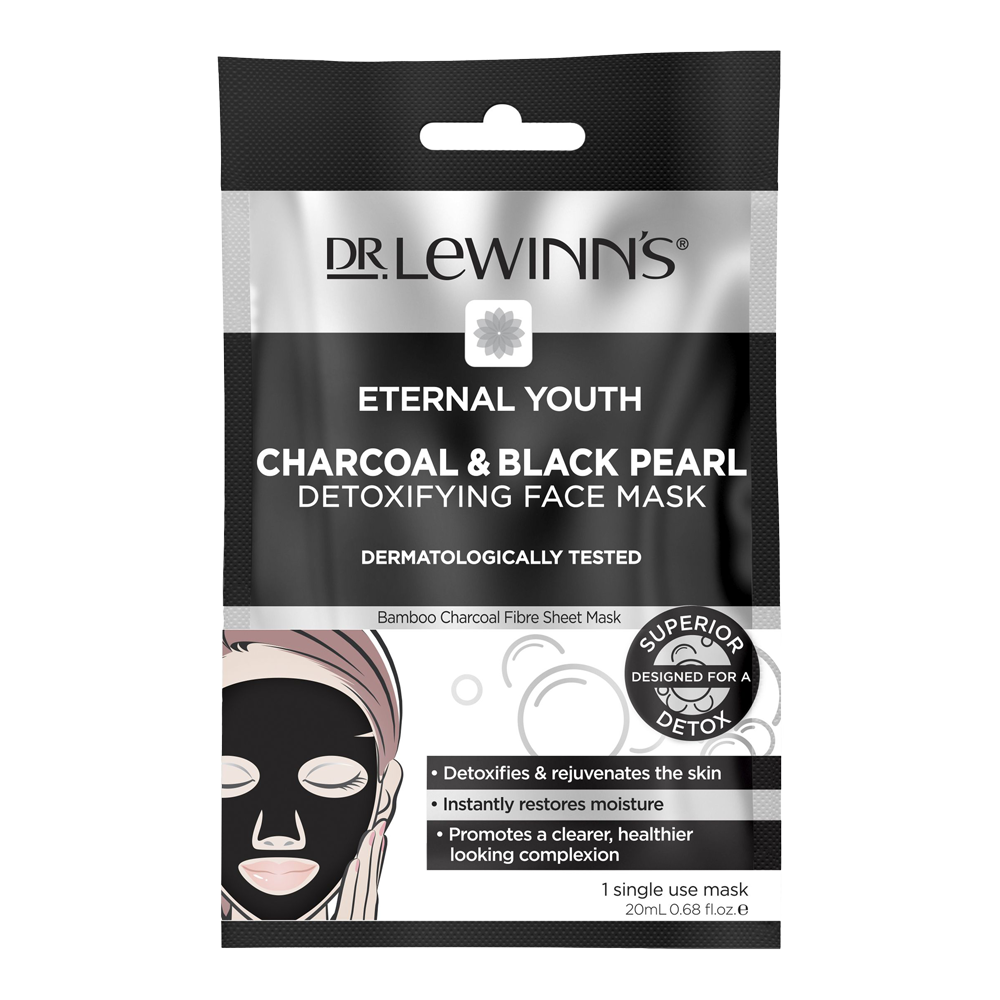 Dr. Lewinn’s Eternal Youth Charcoal & Black Pearl face mask – detoxifying single-use treatment with hydration and antioxidant benefits
