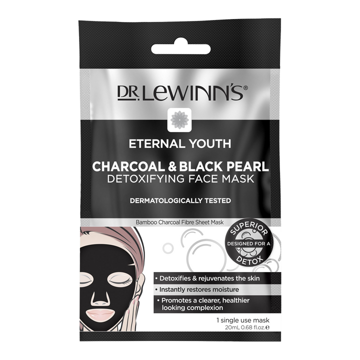 Dr. Lewinn’s Eternal Youth Charcoal & Black Pearl face mask – detoxifying single-use treatment with hydration and antioxidant benefits