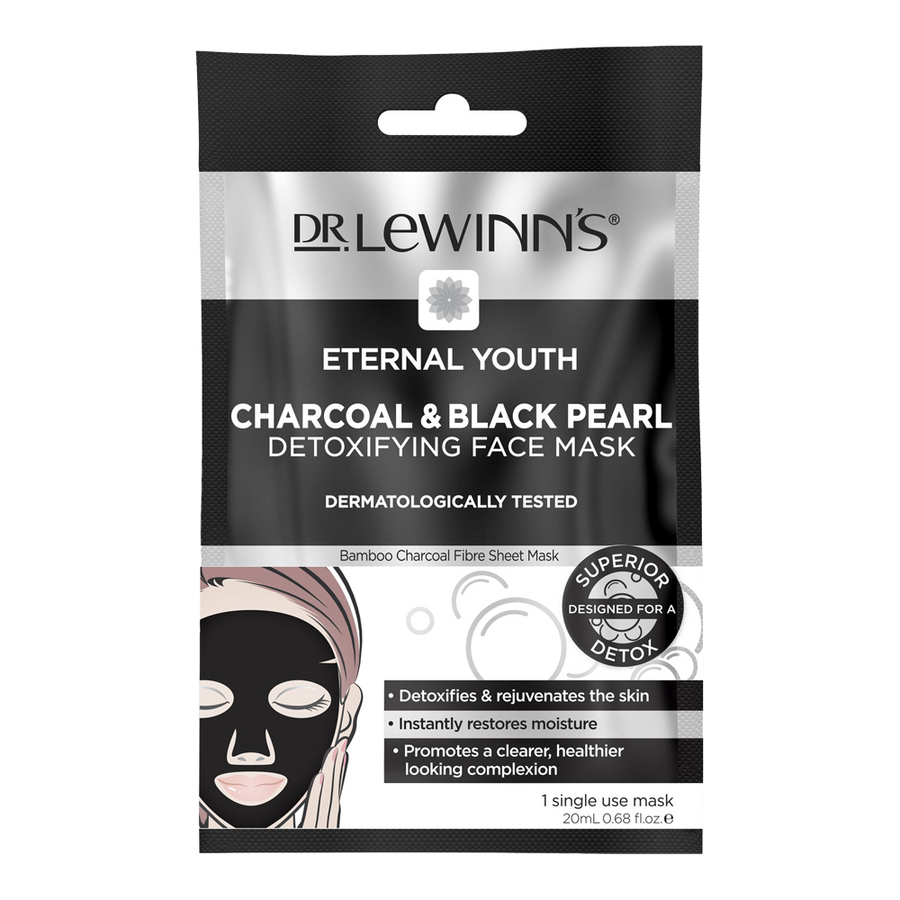 Dr. Lewinn’s Eternal Youth Charcoal & Black Pearl face mask – detoxifying single-use treatment with hydration and antioxidant benefits