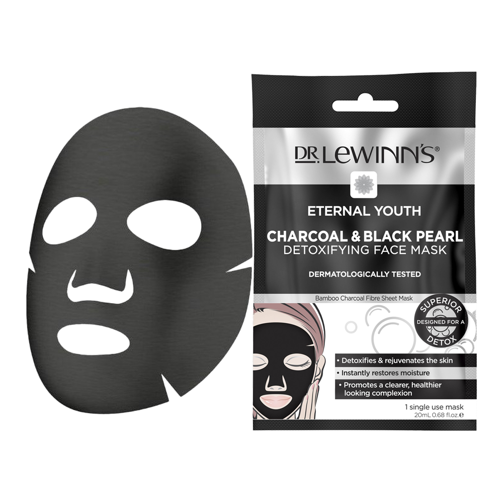 Dr. Lewinn’s Eternal Youth Charcoal & Black Pearl mask – single-use sheet mask with charcoal, black pearl, and hydrating serum benefits