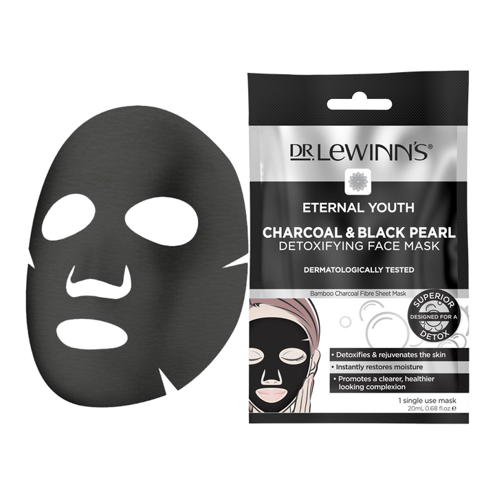 Dr. Lewinn’s Eternal Youth Charcoal & Black Pearl mask – single-use sheet mask with charcoal, black pearl, and hydrating serum benefits
