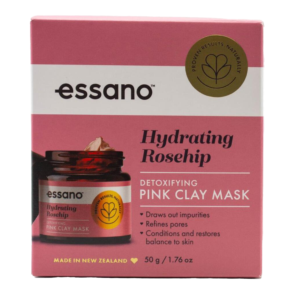 Essano Hydrating Rosehip Detoxifying Pink Clay Mask for detoxifying and hydrating skin, with Rosehip Oil and Pink Clay, suitable for all skin types.