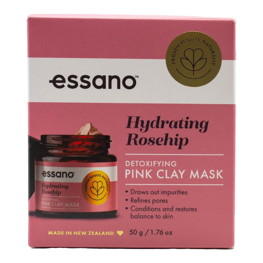 Essano Hydrating Rosehip Detoxifying Pink Clay Mask for detoxifying and hydrating skin, with Rosehip Oil and Pink Clay, suitable for all skin types.