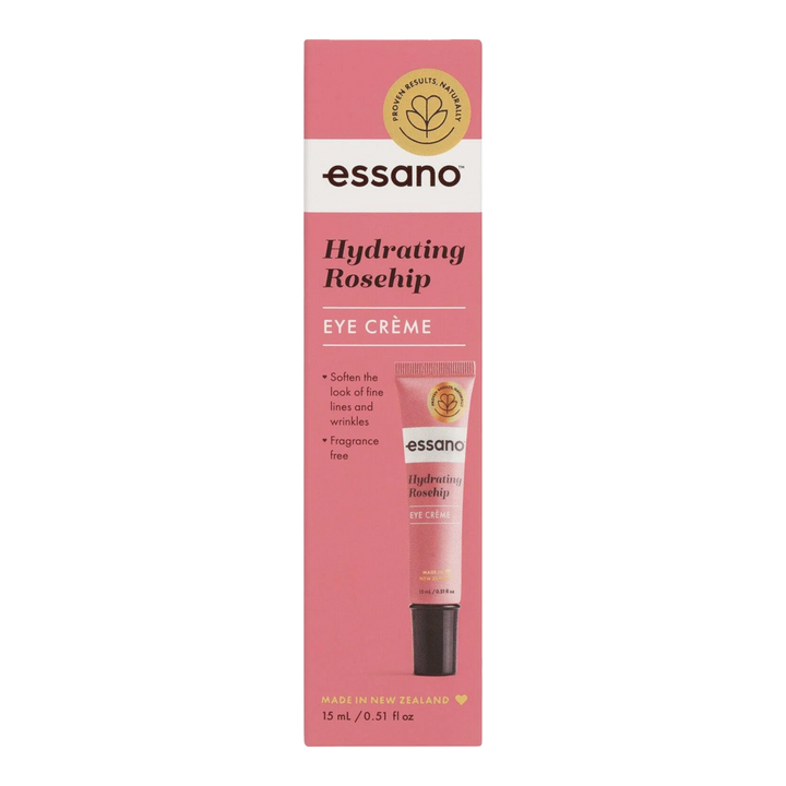 Essano Hydrating Rosehip Eye Cream boxed view, highlighting the packaging, ideal for moisturising and reducing puffiness around the eyes.