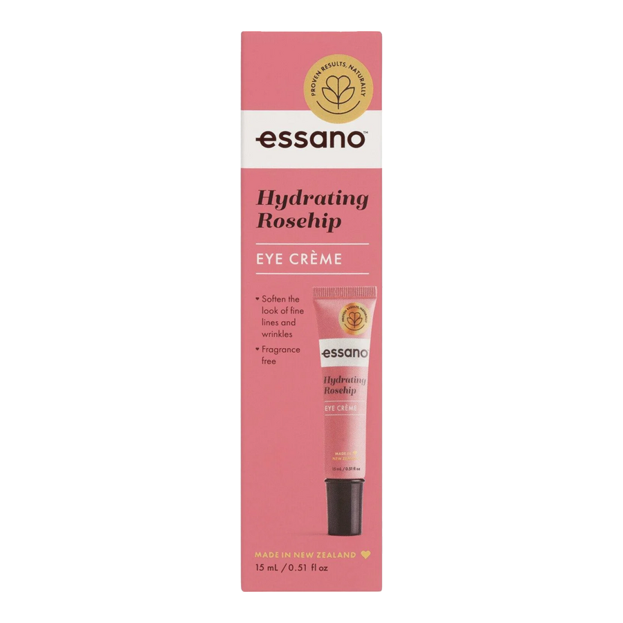 Essano Hydrating Rosehip Eye Cream boxed view, highlighting the packaging, ideal for moisturising and reducing puffiness around the eyes.