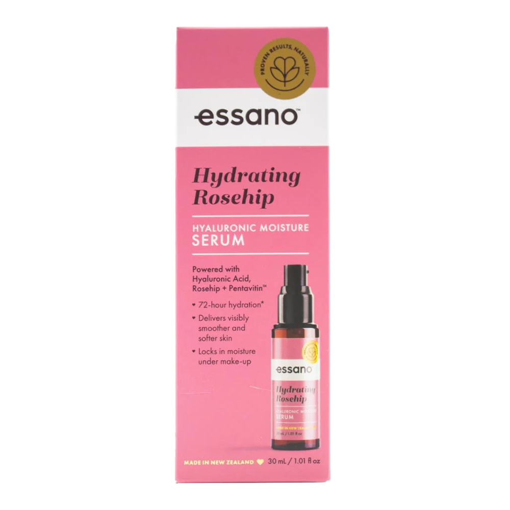 Essano Hydrating Rosehip Hyaluronic Moisture Serum bottle, ideal for dry skin and deep hydration