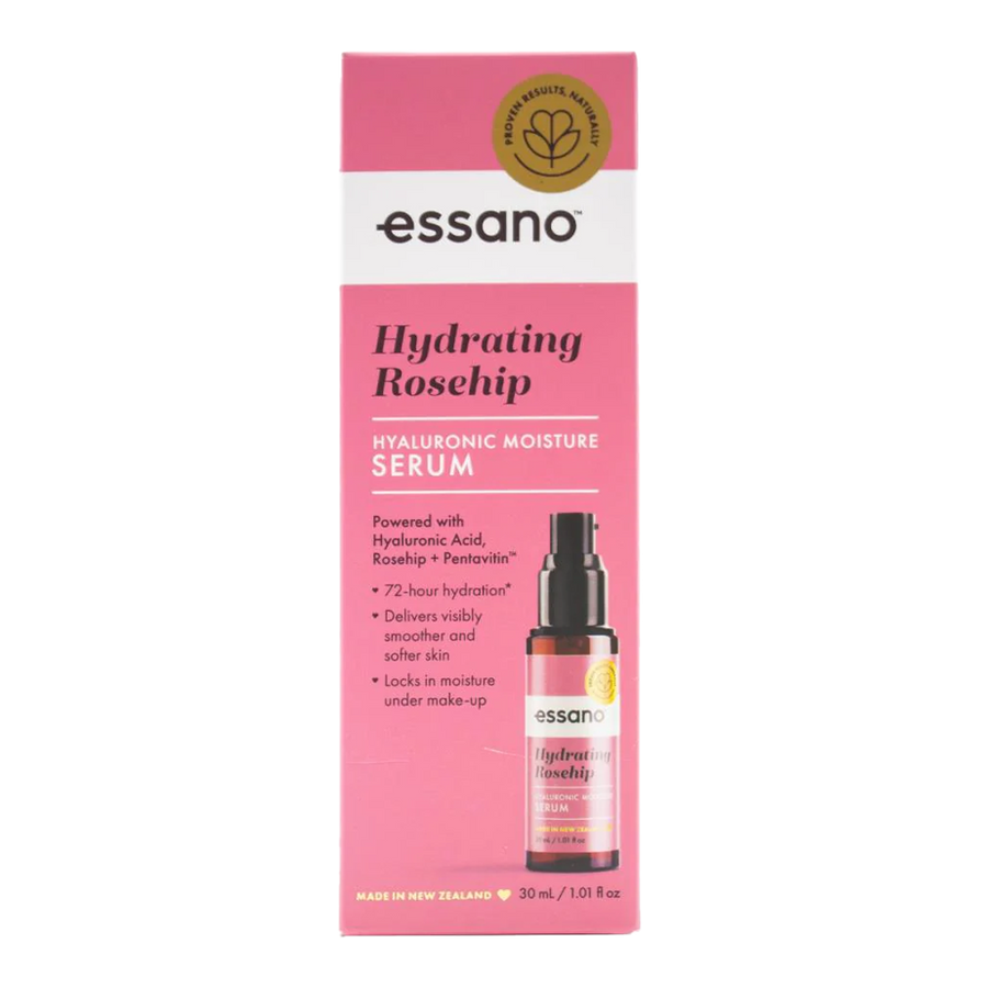Essano Hydrating Rosehip Hyaluronic Moisture Serum bottle, ideal for dry skin and deep hydration