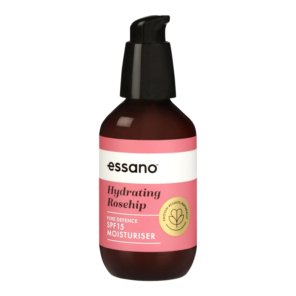 Essano Hydrating Rosehip SPF15 Moisturiser – Pump bottle dispensing moisturiser with SPF15 protection and hydration.