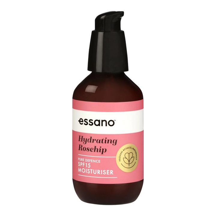 Essano Hydrating Rosehip SPF15 Moisturiser – Pump bottle dispensing moisturiser with SPF15 protection and hydration.