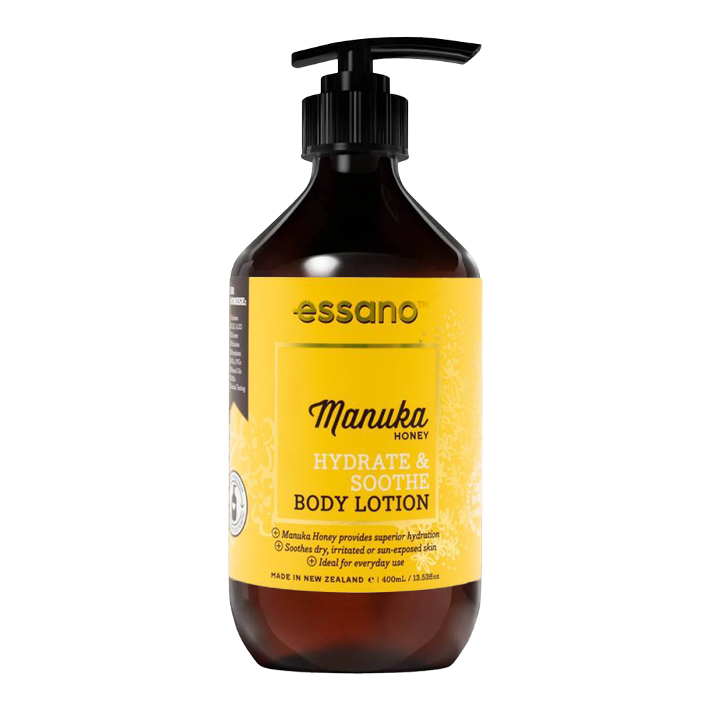 Essano Manuka Honey Body Lotion bottle, infused with Manuka honey and shea butter to hydrate and restore moisture.
