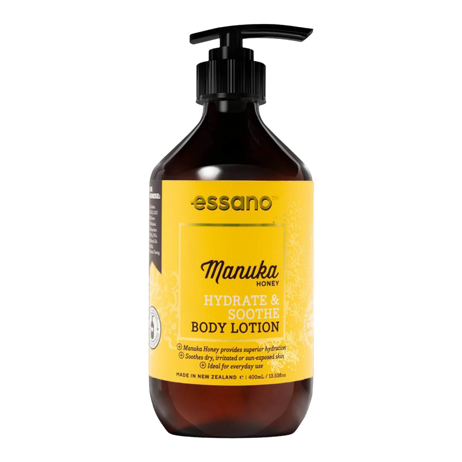 Essano Manuka Honey Body Lotion bottle, infused with Manuka honey and shea butter to hydrate and restore moisture.