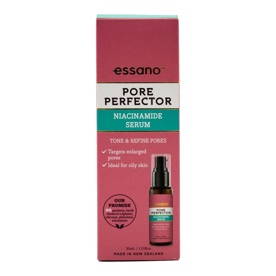 Essano Pore Perfector Niacinamide Serum, enriched with niacinamide to refine pores and improve skin tone