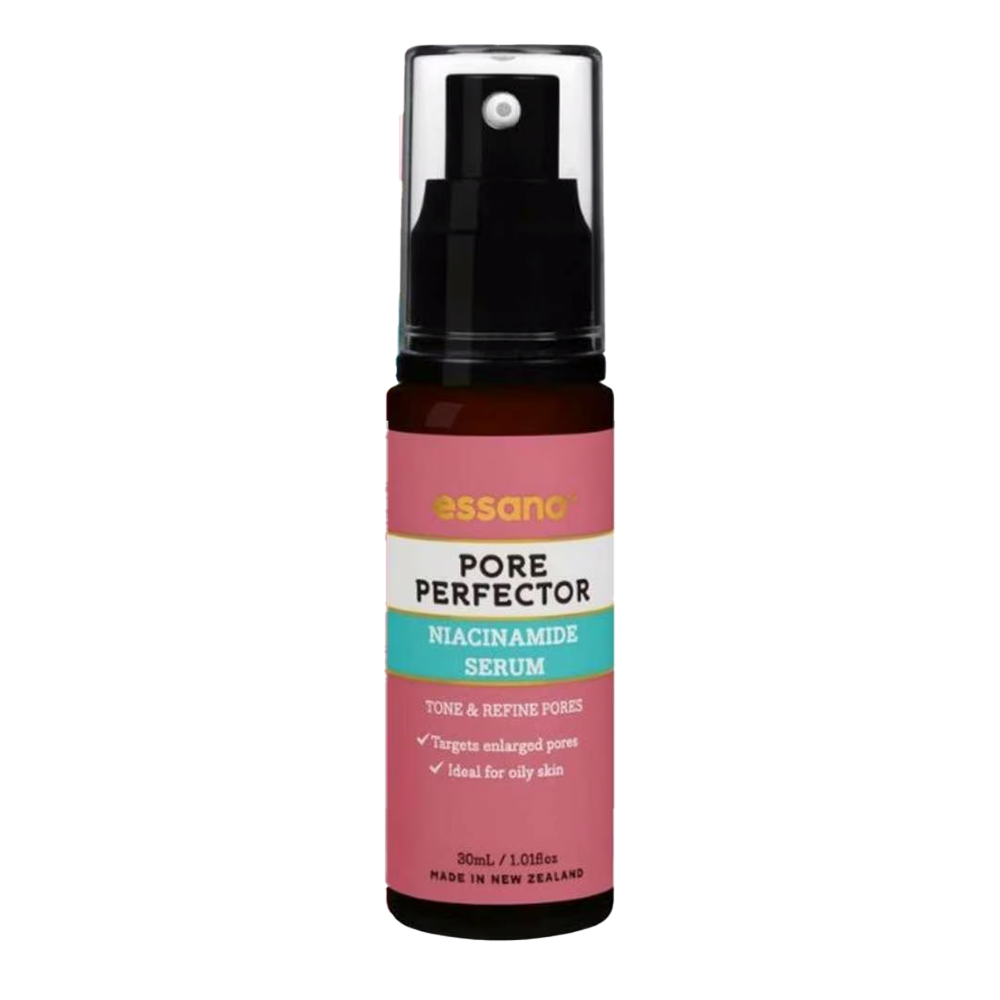 Essano Pore Perfector Niacinamide Serum being applied to refine pores and improve skin tone, leaving the skin smoother and more balanced