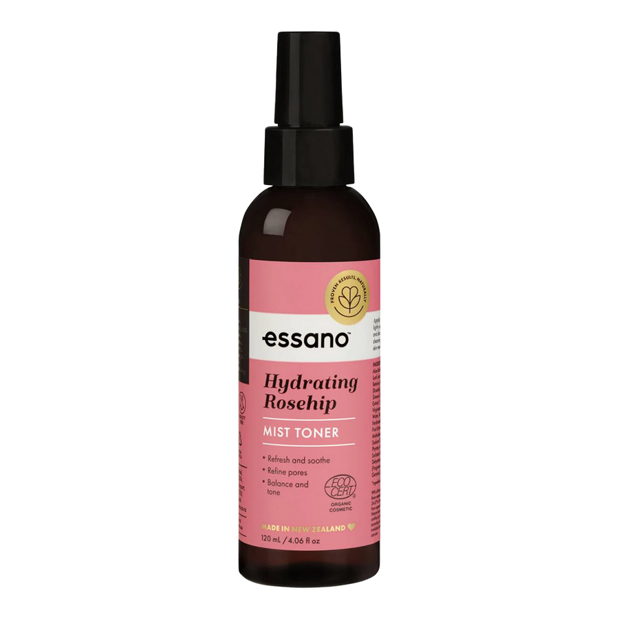 Essano Rosehip Hydrating Mist Toner bottle, enriched with Rosehip oil and Aloe Vera to hydrate and replenish the skin
