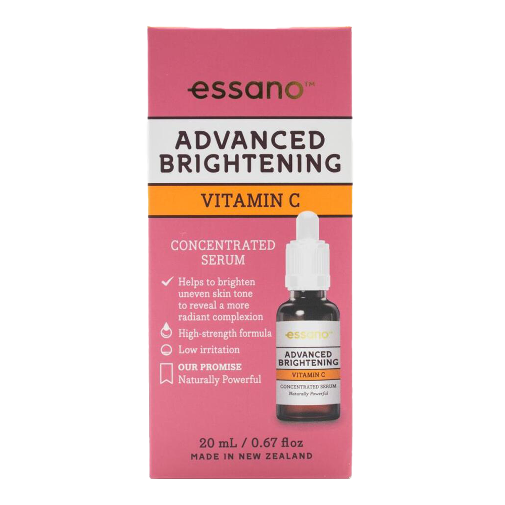 Essano Vitamin C Advanced Brightening Serum for pigmentation reduction, brightening, UV protection, and collagen boosting.