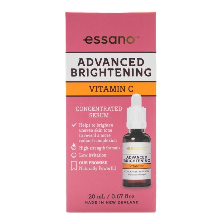 Essano Vitamin C Advanced Brightening Serum for pigmentation reduction, brightening, UV protection, and collagen boosting.