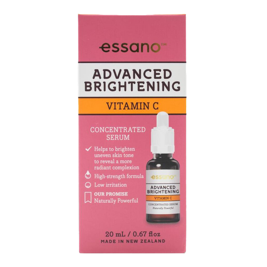 Essano Vitamin C Advanced Brightening Serum for pigmentation reduction, brightening, UV protection, and collagen boosting.