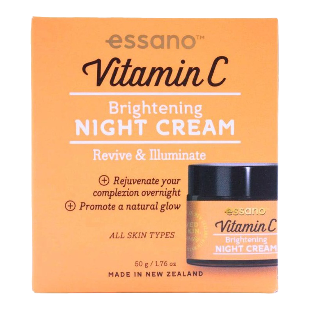 Essano Vitamin C Brightening Night Cream for rejuvenating skin, promoting natural glow, rich in antioxidants, suitable for all skin types.
