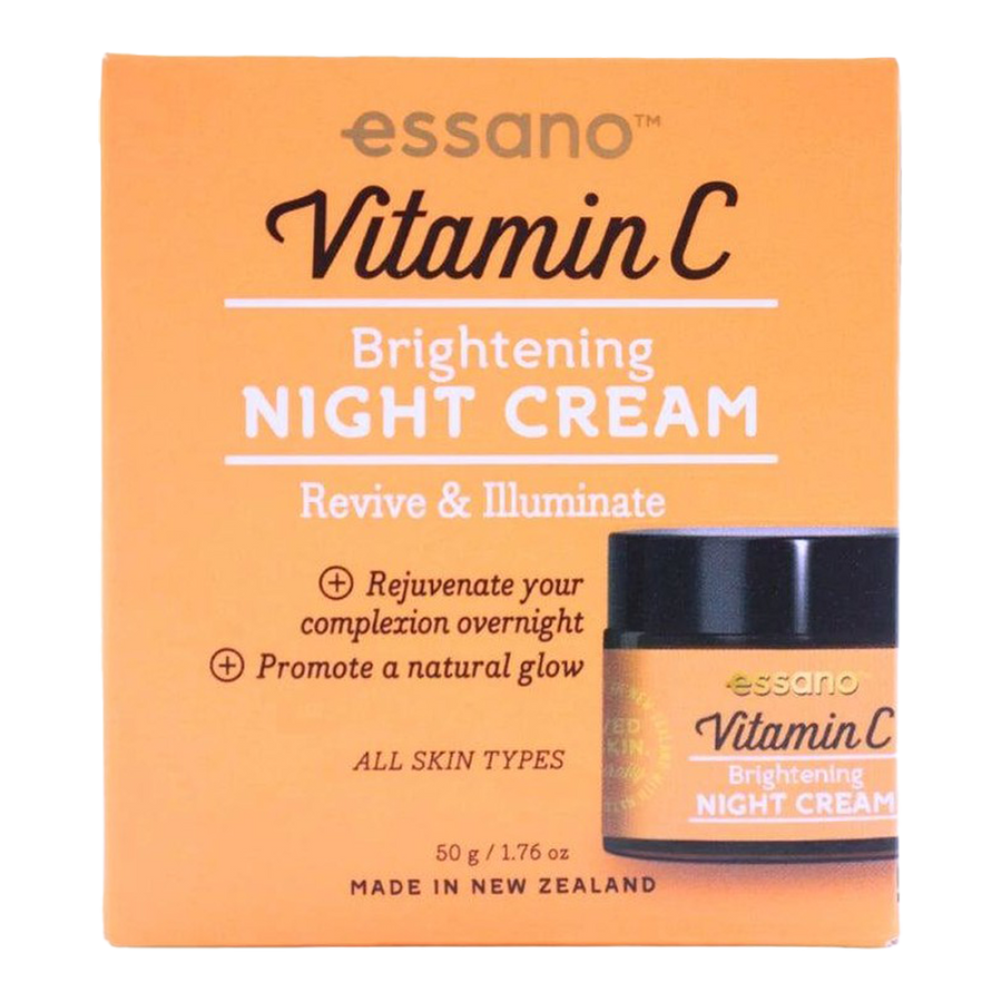 Essano Vitamin C Brightening Night Cream for rejuvenating skin, promoting natural glow, rich in antioxidants, suitable for all skin types.