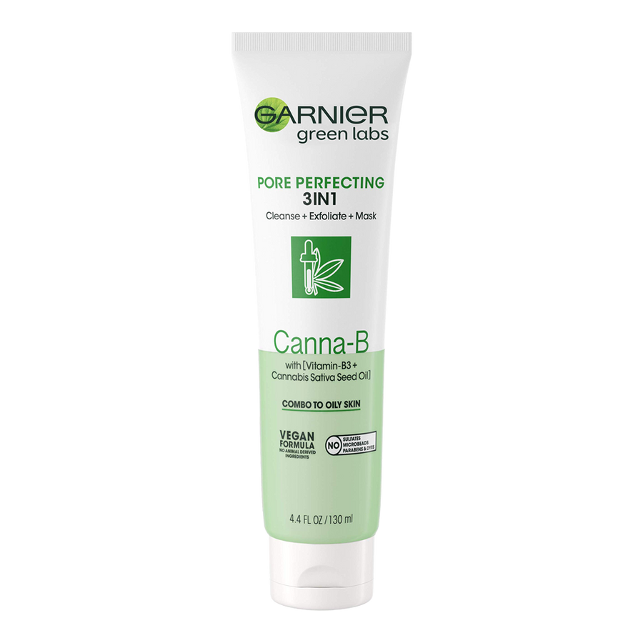 Garnier Canna-B 3-in-1 Face Wash 130ml – cleanser, exfoliator & mask with cannabis seed oil and niacinamide for pore refining and shine control