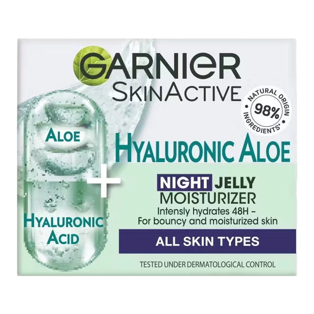 Garnier Hyaluronic Aloe Night Jelly – vegan 98% natural origin formula with aloe, hyaluronic acid and argan oil for soft, hydrated skin by morning